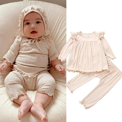 1-4Years Toddler Baby Girls Casual 2Pcs Clothes Set Solid Round Collar Fly Sleeve Pullover and Elastic Waist Pants