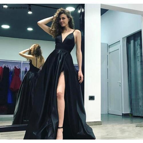 2019 Cheap Prom Dress Black A Line V Neck Split Formal Holiday Wear Party Gown Custom Made Plus Size