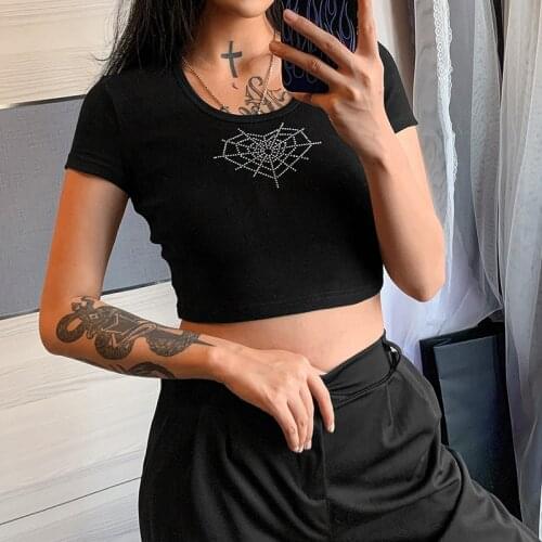 2021 Fashion Rhinestone Spider Punk T-shirt Summer Crop Tops Women Short Sleeve Casual Slim Fit Basic Tee Shirts