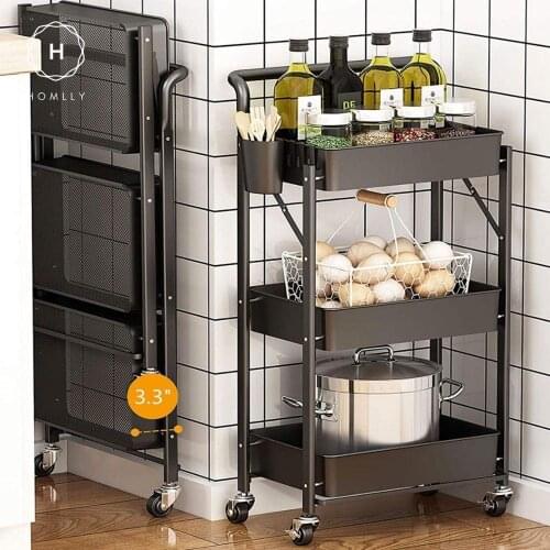 Homlly 3 Tier Foldable Metal Rolling Cart with Handle and Wheels
