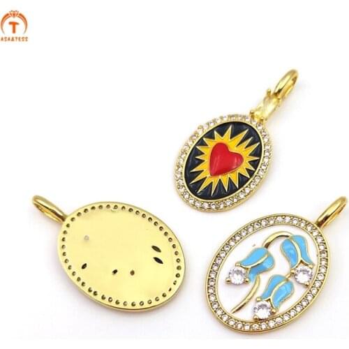 5pcs Cubic Zircon Brass Plated Flower Heart Shape Pendants Shiny Exquisite Gold Oval Pendant For Women Necklace Making Jewelry