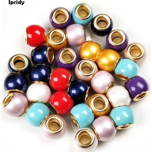 50pcs/lot 12mm Mixed European Charms Beads with Brass Core, Large Hole Resin Beads,Rondelle for Jewelry Making DIY Accessories