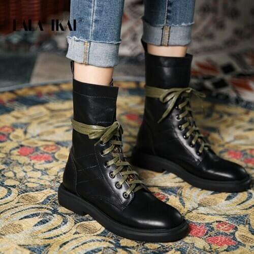 LALA IKAI Women Mid Ankle Boots Stitching Lace-up Soft PU Thick Heel Riding Boots Autumn Winter Female Fashion 2020 A30774-4