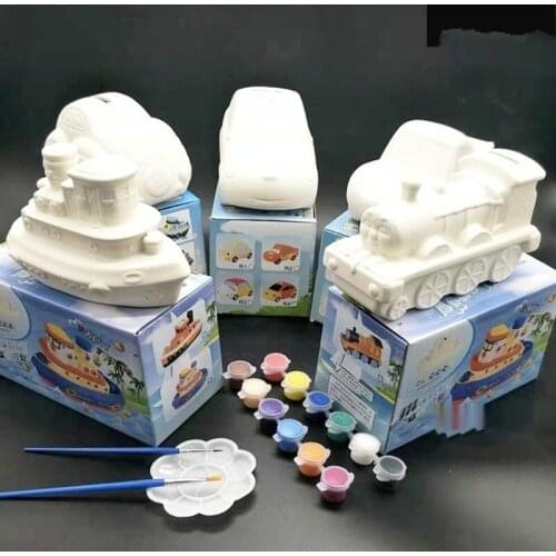 Kids diy Coloring 4 S Shop Car White Model Coloring Ceramic Plaster Doll Painted Save Money Pot White