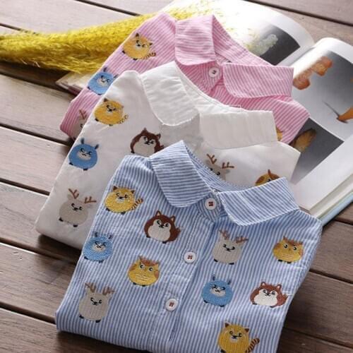 Childrens Shirts 2021 Spring Autumn New Boys' Cartoon Embroidered Striped Shirts for Kids, Korean Lapel Long Sleeves Blouse Top