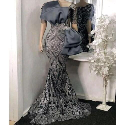 Elegant Grey evening gowns V-neck Half sleeves zipper Mermaid Sequins applique Long Evening Dress Nigerian Woman prom Dress