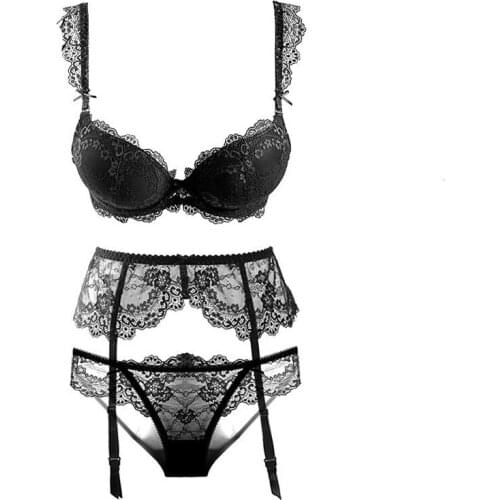 Europe and America Gather Together Lace Ladies Underwear Bra Set Garter Belt 3 Pieces Set