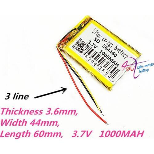 3 line 364460 3.7V 1000mAh 354560 Lithium Polymer Li-Po li ion Rechargeable Battery cells For Mp3 MP4 MP5 GPS mobile bluetooth