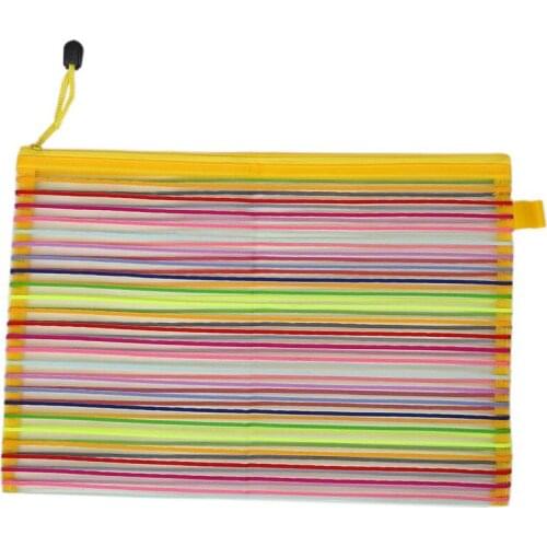 Zip up Nylon Mesh Multicolor Stripes A4 Paper Documents Pen File Bag Folder