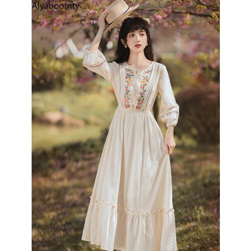 Mori Girl Women Midi Apricot Green Dress Floral Embroidery Vintage Dress Spring Fall 3/4 Sleeve Cotton Linen Ruffles Chic Dress