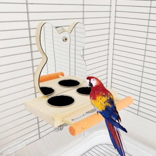 Parrot Mirror Play Stand Platform Birds Wooden Toys Perch with Stainless Steel Feeder Cups Bowls Bird Cage Accessories Toys