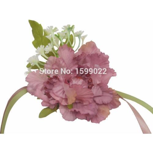 Bridal Artificial Scabiosa Babys Breath Flowers Bridesmaid Prom Wrist Corsage Bracelet Event Tea Party Supplies PaleVioletRed