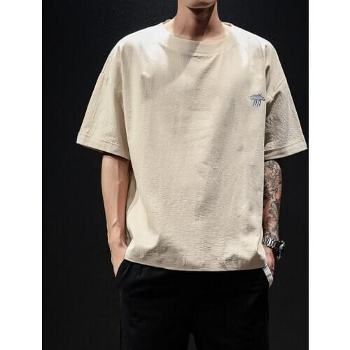 Men sweatshirt cotton linen short sleeve loose T-shirt casual jogger workout exercise meditation taichi yoga shirt activewear