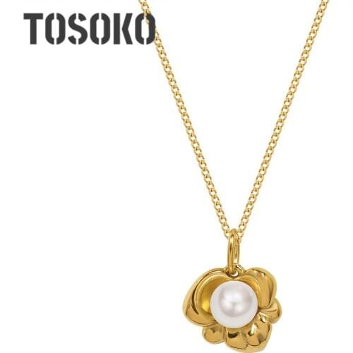 TOSOKO Stainless Steel Jewelry Lotus Flower Pearl Pendant Necklace womens three dimensional carving clavicle chain BSP1065