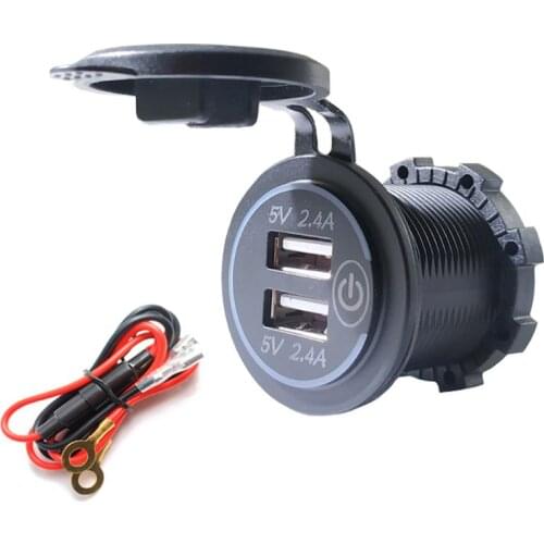 C63D 12V/24V Waterproof 2.4A Dual USB Charger Socket Power Outlet with Touch ON OFF Switch LED Light for Car Marine Boat