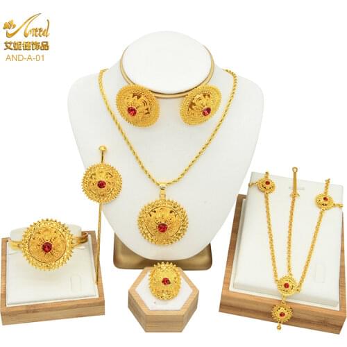 Big Jewelry Set Arabia Bride Wedding For Women Ethiopia 24K Gold Plated Necklace Earrings Bracelet Ring Hairpin African Set