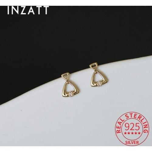 INZATT Real 925 Sterling Silver Zircon Triangle Stud 14k Gold Earrings For Women Punk Fine Jewelry Accessories Drop shipping