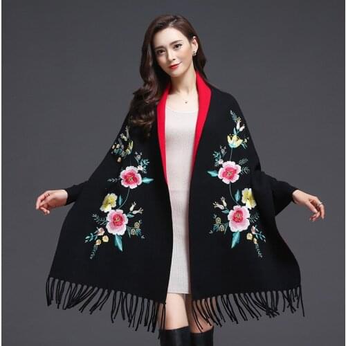 Women Scarf Oversized Winter Scarves Shawl Embroider Thick Warm Tassels Cotton Wool Blend Poncho Floral Womens Scarf Cape