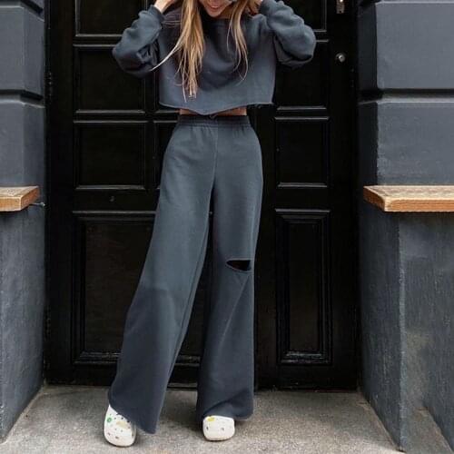 Women Tracksuit Crop Top Trousers Two Piece Set Sweatshirt Hole Wide Leg Pants Sets Female 2021 Autumn Ladies Casual Outfits