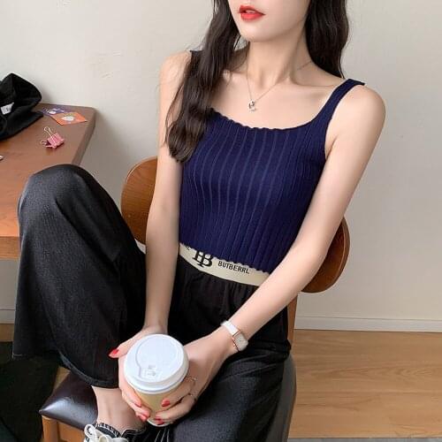 2021 Summer Ribbed Knitted Tops For Women Sexy Sleeveless Square Collar Solid Color Crop Top Vest Female Tanks Streetwear
