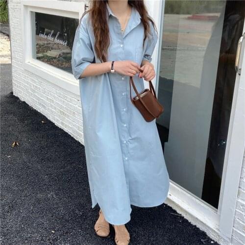 2021 New Women Summer Casual Long Shirt Dress Loose Single Breasted Lapel Collar Sundress Half Sleeve Solid Color