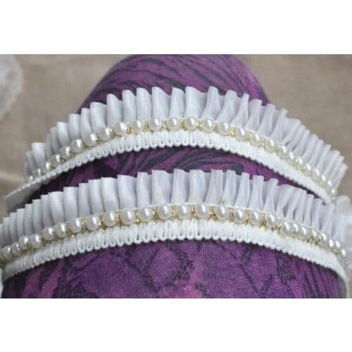 3.5cm beige webbing compound ruffle chiffon pearl beaded lace trimming tape decoration accessories