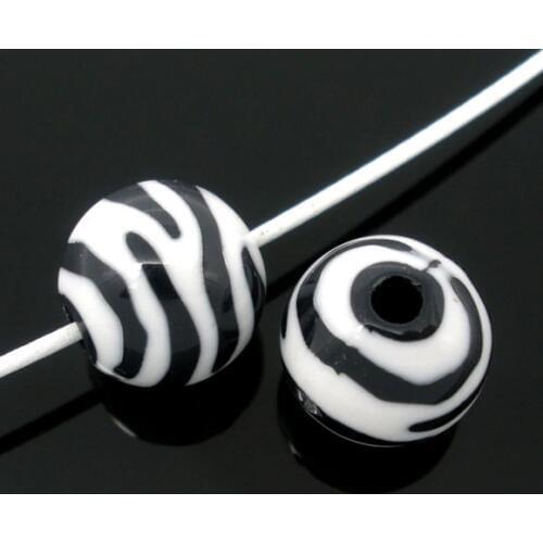 Acrylic Spacer Beads Round White Zebra Stripe Pattern Polished About 12mm( 4/8") Dia, Hole: Approx 2.5mm, 15 PCs