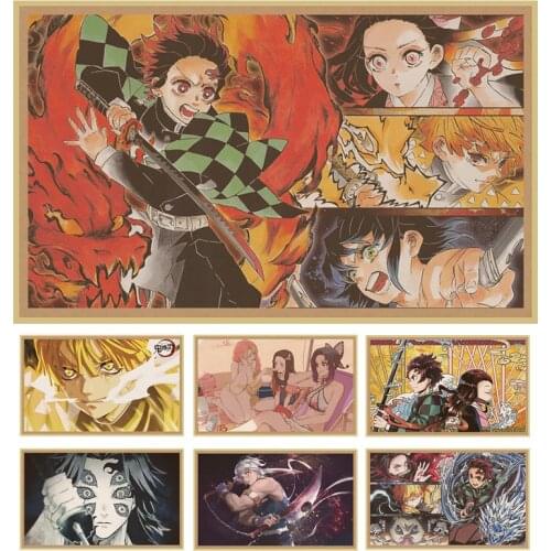Kimetsu no Yaiba Anime Poster Tanjirou Kochou Shinobu Vintage Brown Kraft Paper Posters Home Decorations Room Wall Decor 51x31cm