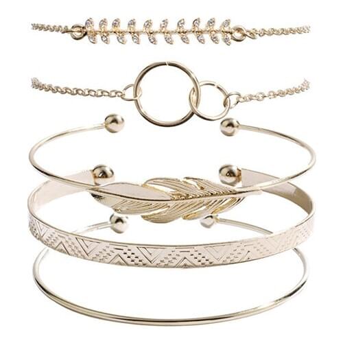 Free Shipping 5pcs/set Cuff Bangles for Women Statement Jewelry Baroque Bohemian Crystal Leaf Wide Bangles Bracelets Set