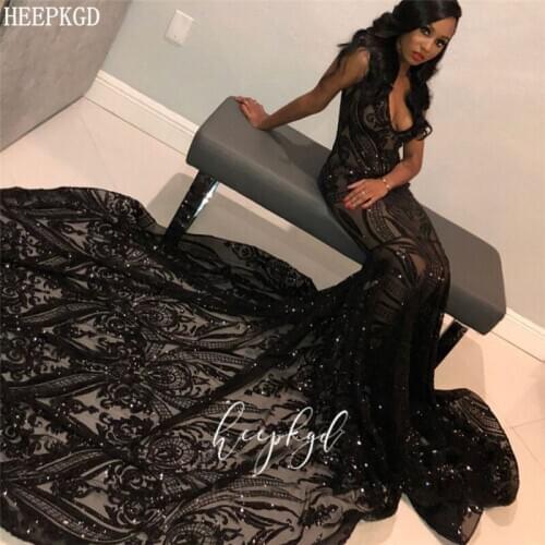 Sparkly Black Sequins Mermaid Evening Dress Long Train V Neck Black Girls Special Occasion Dresses Plus Size Prom Party Gowns
