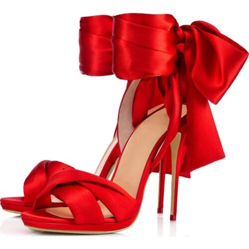 High Heels Sandals Women Lace-up Butterfly-knot Ankle Strap Thin Heel Pumps Shoes For Brides Sandalias Red Wedding Shoe Summer