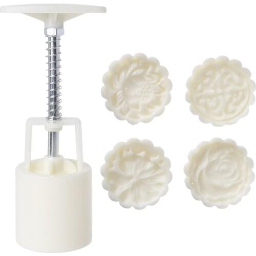 T84E Lotus Leaf Round Moon Cake Molds 50g Hand-Pressure 4 Stamps Chinese Traditional