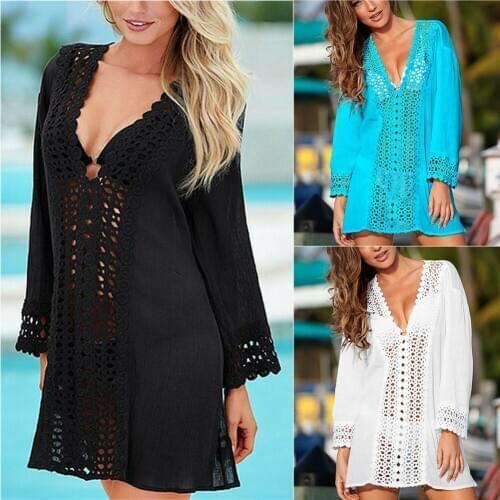 Summer Womens Beachwear Crochet Bikini Cover Up Beach Dress Swimwear Suit Chiffon Mesh Solid Bathing Suit Females Sexy 2020