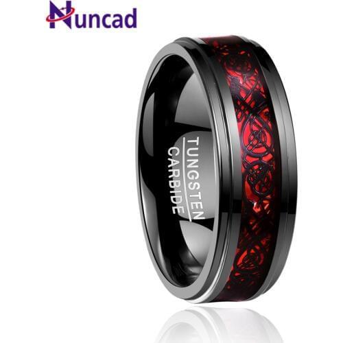 NUNCAD 8mm Mens Ring Elegant Cool Electroplated Black Inlay Red Opal Paper Dragon Pattern Step Tungsten Carbide Ring Size 5-15
