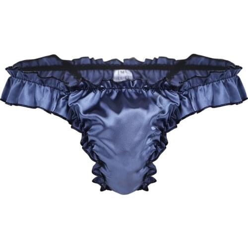 Mens Lingerie Shiny Ruffled Frilly Sissy Bikini Briefs High Cut Open Butt Thong Underwear Elastic Waistband Low Rise Underpants