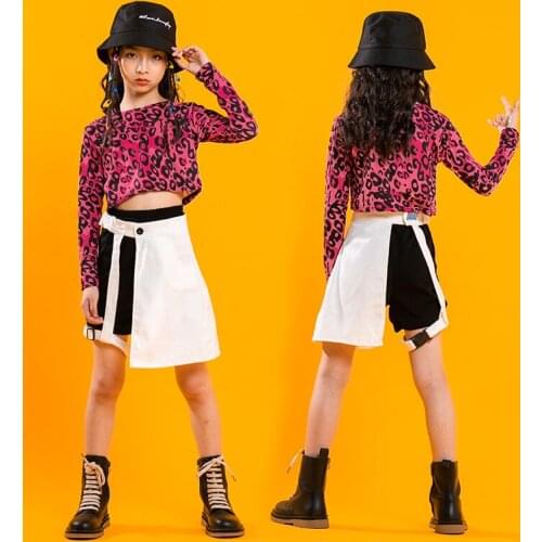 Hip Hop Clothes For Children Pink Leopard Crop Tops Casual Skirt Shorts For Girl Kids Jazz Dance Costumes Performance Clothing