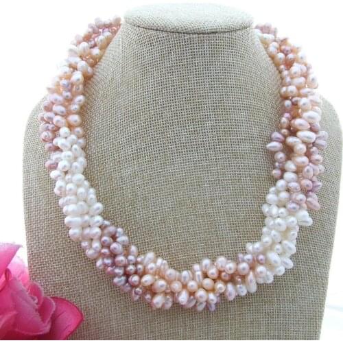YYGEM 20" 5 Strands Multi Color Top-Drilled Rice Freshwater Cultured Pearl Choker Necklace