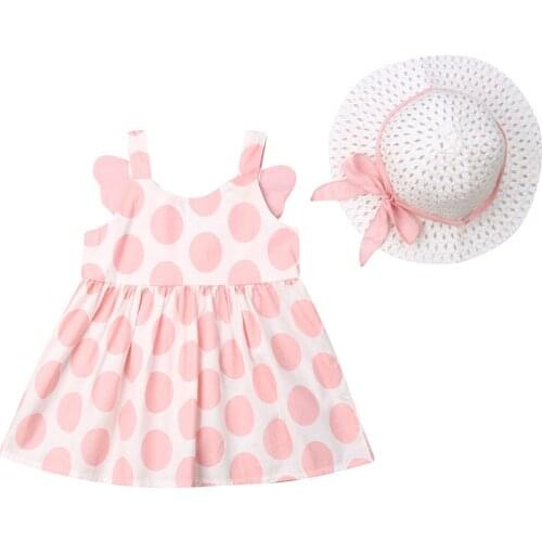 Girl Dress 2pcs Newborn Kids Baby Girl Outfits Clothes Sundress Sleeveless Dress +Sun Hat Strawhat Set