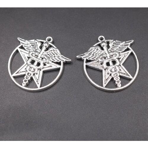 4pcs Silver Plated Double Serpent Scepter Pentagram Angel Wings Hollow Pendant DIY Charm Necklace Jewelry Crafts Making A564