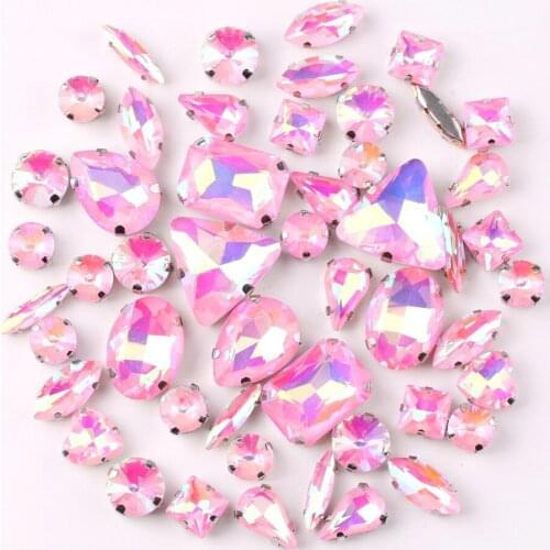 Silver claw setting jelly candy Pink AB 50pcs/bag shapes mix glass crystal sew on rhinestone wedding dress shoes bag diy
