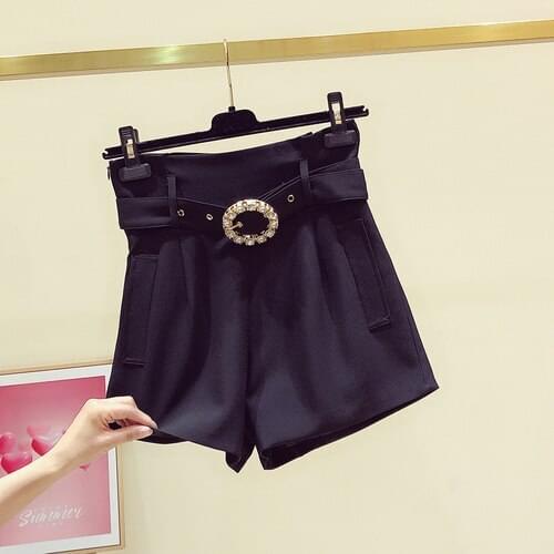 Diamond Belt High Waist Shorts Womens Slimming Solid Color Wide Leg Suit Trousers Short Femme Ropa Mujer White Black