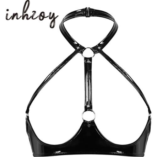 Wetlook PU Leather Sexy Lingerie Women Black Halter Open Cups Wire-Free Unlined Porno Bra Bralette Latex Tops Erotic Underwear