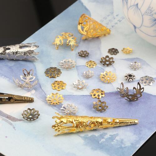 Rhodium/Gold/Bronze Hollow Flower Beads Caps Jewelry Findings Components End Caps For Jewelry Making DIY Earring Needlework