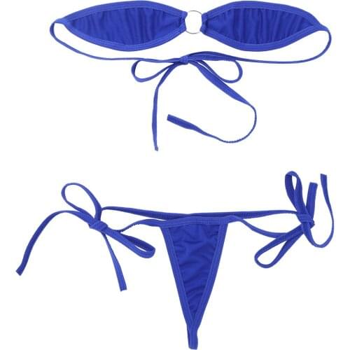 Womens Exotic Beachwear Minimal Cover Self-tie Mini Micro Bikini Set Off the Shoulder Bra Tops with G-String Briefs Underwear
