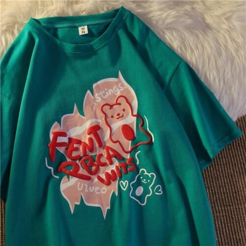 Bear cartoon print short-sleeved T-shirt women loose top new summer wild loose round neck Harajuku style simple