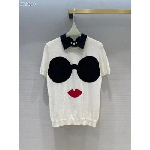 2021 Wool Knitted High Quality Runway Designer Blouse Elegant Vintage Short Sleeve Women Blouse Shirt Top