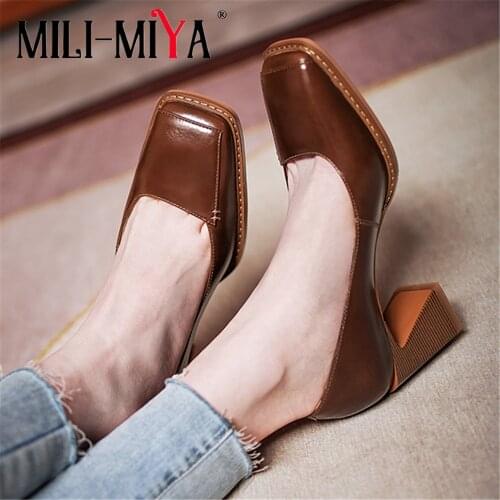 MILI-MIYA New Arrival Brand Design Square Toe Women Full Genuine Leather Pumps Solid Color Slip On Thick Heels Size 34-40