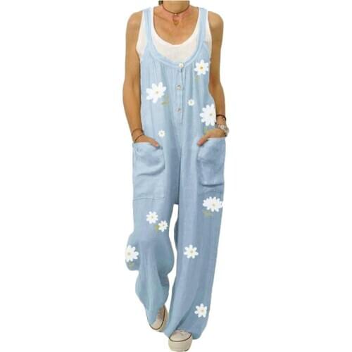 Women Jumpsuit Sleeveless Floral Print Pockets Buttons Jumpsuit Bib Overall Dungarees Buttons women Jumpsuit Bib Overall Dungare