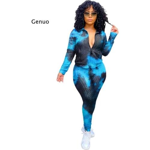 2Pc Tight-Fitting Sports Suit Casual Women Ink Tie-Dye Print Tracksuit Long Sleeve Stand-Up Collar Zipper Tops+Pants Sports Set
