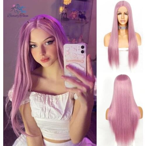 BeautyTownLong Straight Pink Lace Wig For Women Daily Makeup Costume Cosplay Party Christmas Girl Gift Deep Part Synthetic Hair